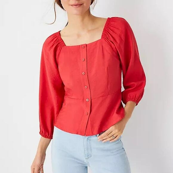 ANN TAYLOR Blouse Size Small Button Square Neck Top Red Business Casual Office - Picture 1 of 14